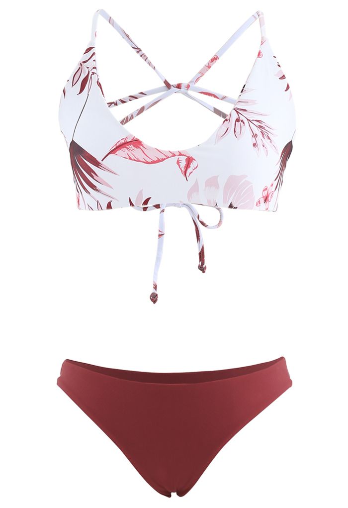 Leaf Print Open Back Bikini Set in Burgundy