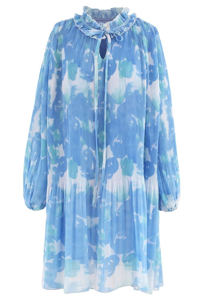 Pleated Ruffle Puff Sleeves Tie-Dye Dolly Dress