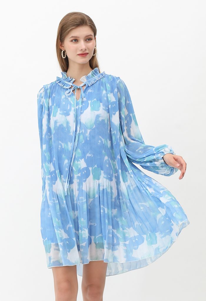 Pleated Ruffle Puff Sleeves Tie-Dye Dolly Dress