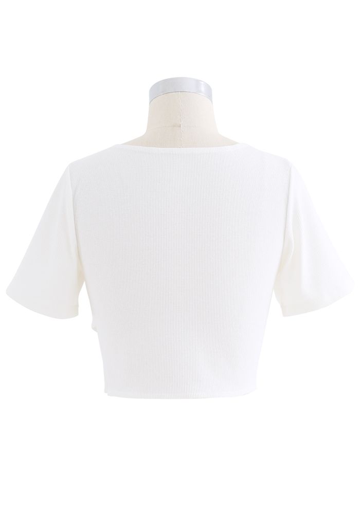 Crisscross Front Short Sleeves Ribbed Top in White