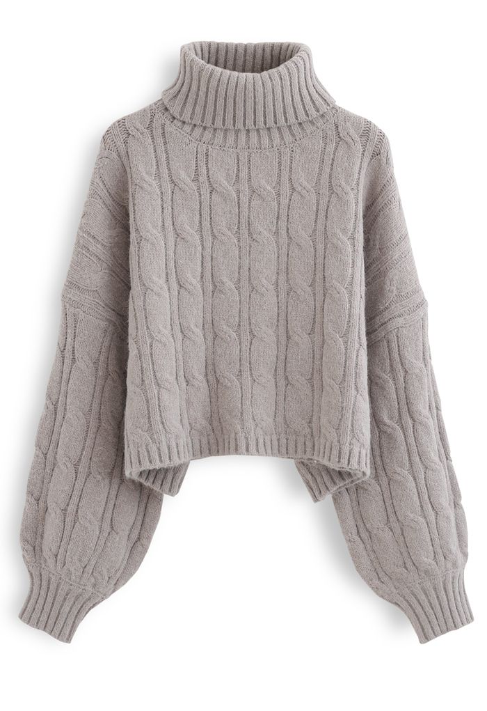 Turtleneck Braid Knit Crop Sweater in Taupe