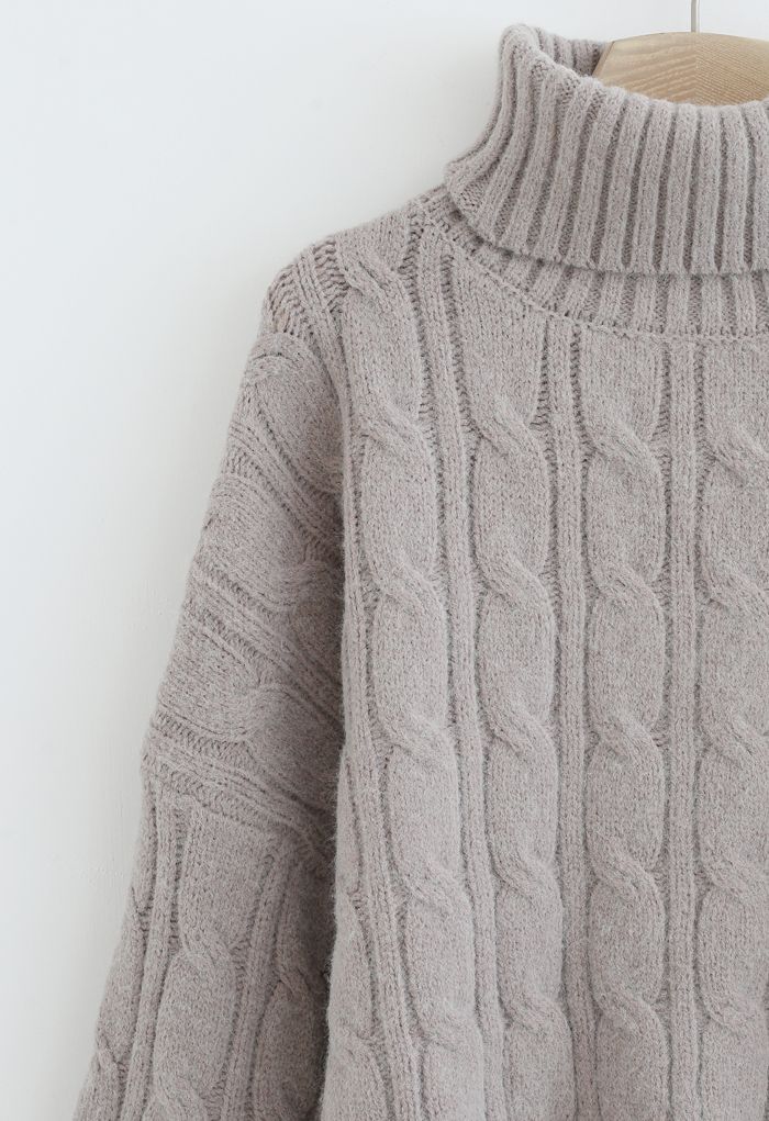 Turtleneck Braid Knit Crop Sweater in Taupe