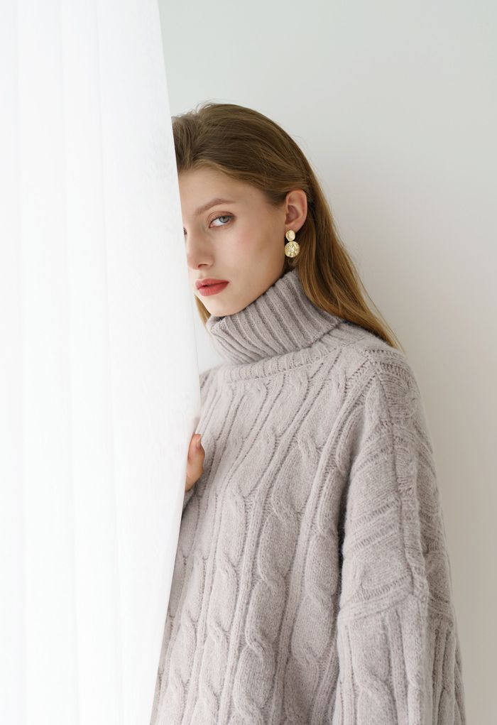 Turtleneck Braid Knit Crop Sweater in Taupe