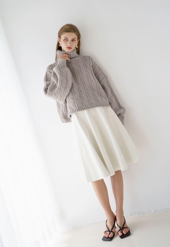 Turtleneck Braid Knit Crop Sweater in Taupe