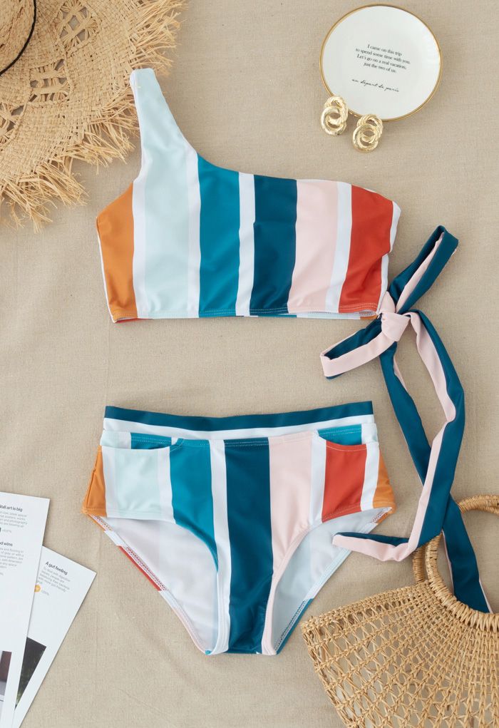 Color Block Stripe Bowknot One-Shoulder Bikini Set