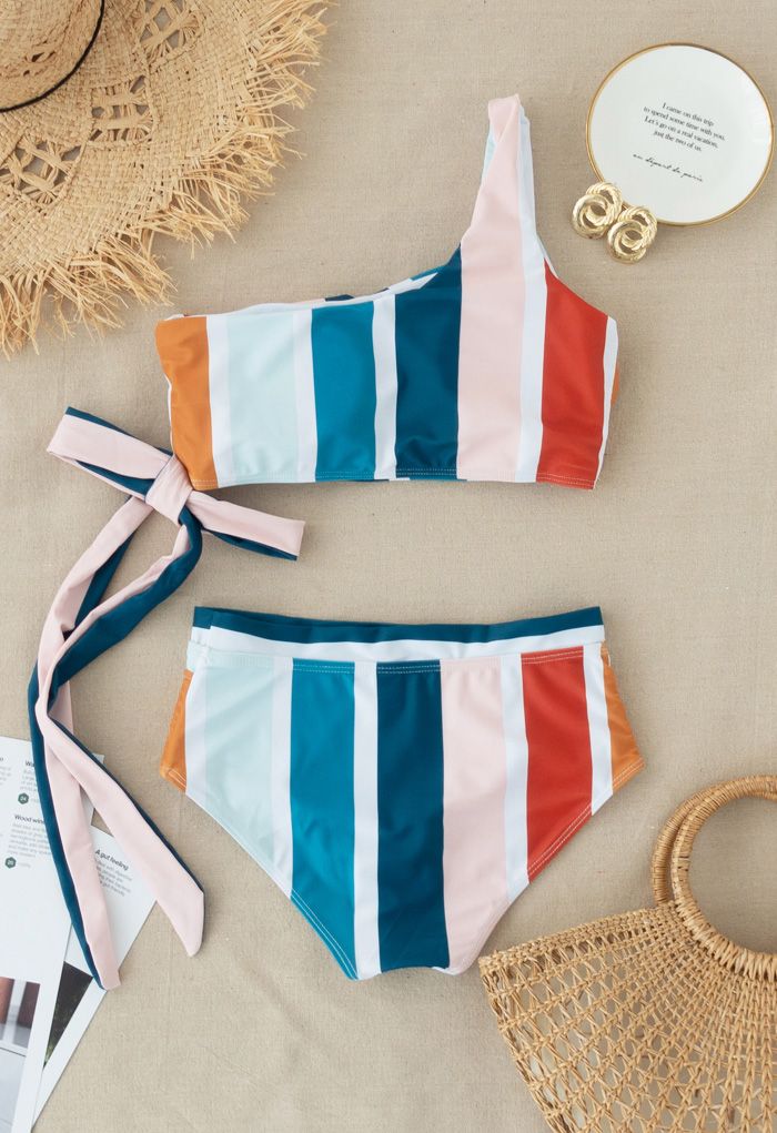 Color Block Stripe Bowknot One-Shoulder Bikini Set