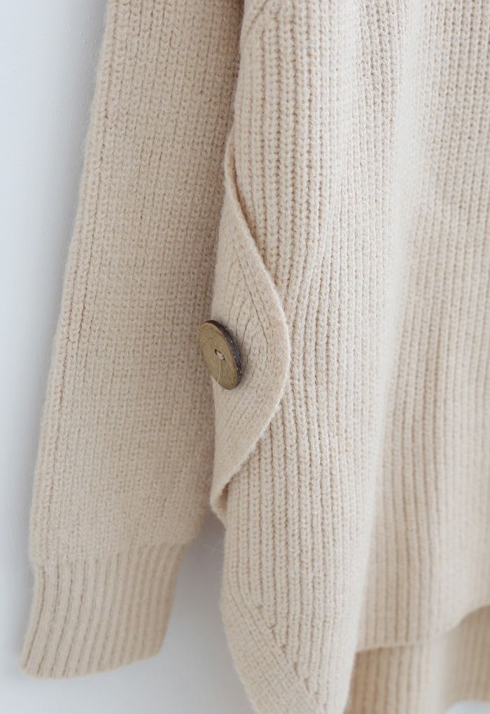 Button Side Hi-Lo Knit Sweater in Light Tan