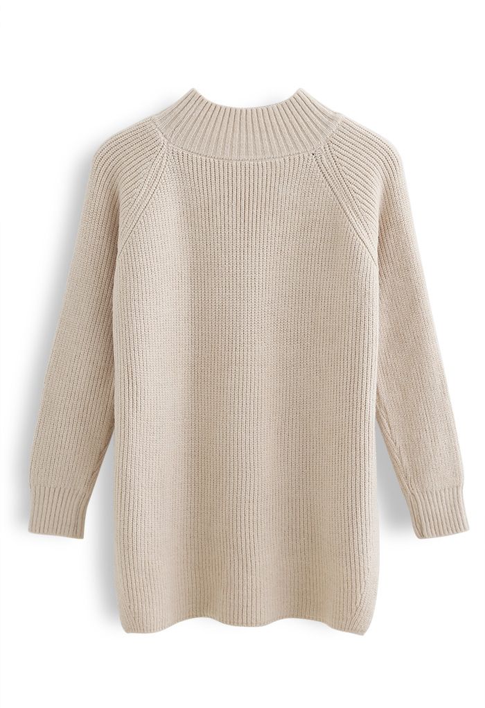 Button Side Hi-Lo Knit Sweater in Light Tan