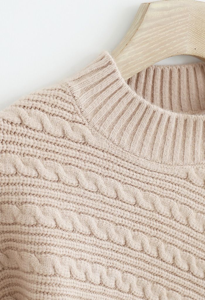 Batwing Sleeves Braid Knit Sweater in Tan