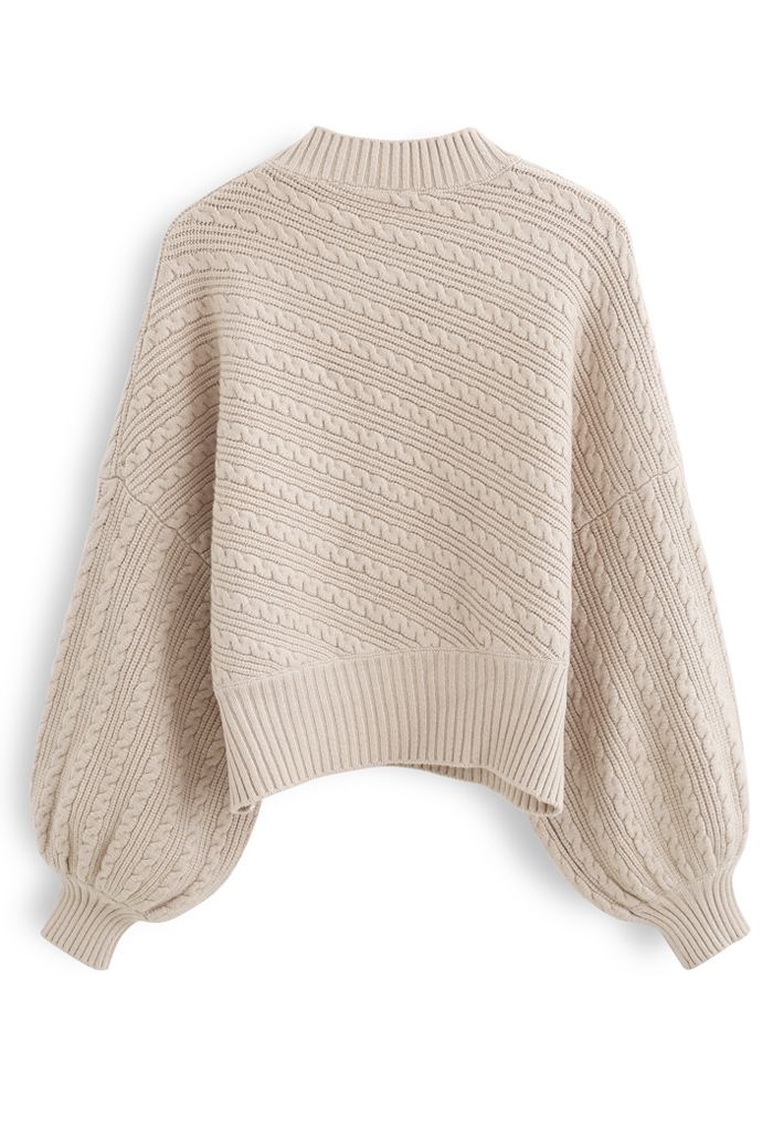 Batwing Sleeves Braid Knit Sweater in Tan