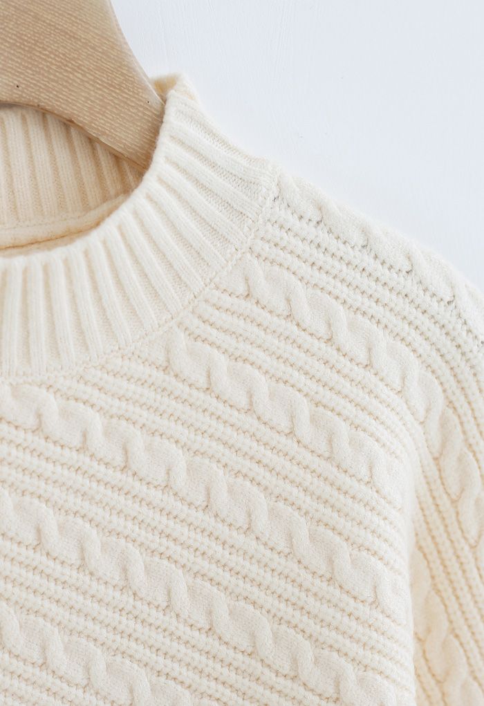 Batwing Sleeves Braid Knit Sweater in Cream