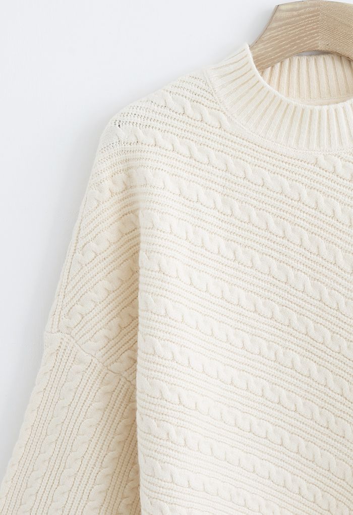 Batwing Sleeves Braid Knit Sweater in Cream