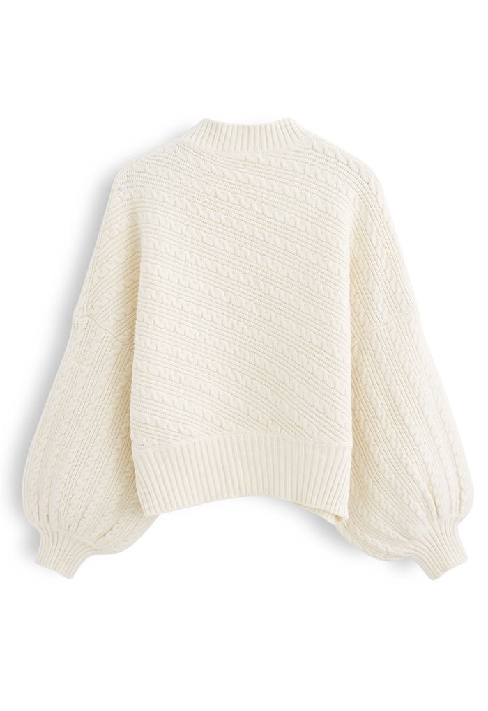 Batwing Sleeves Braid Knit Sweater in Cream