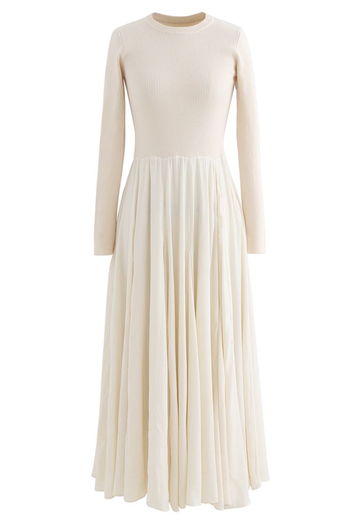 Knit Spliced Long Sleeves Maxi Dress in Cream