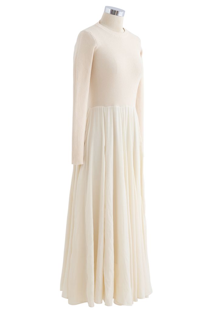 Knit Spliced Long Sleeves Maxi Dress in Cream