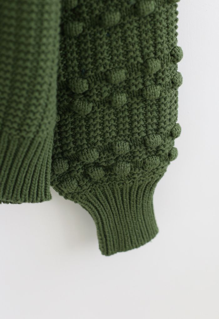 Bubble-Sleeve with Pom-Pom Detail Sweater in Green