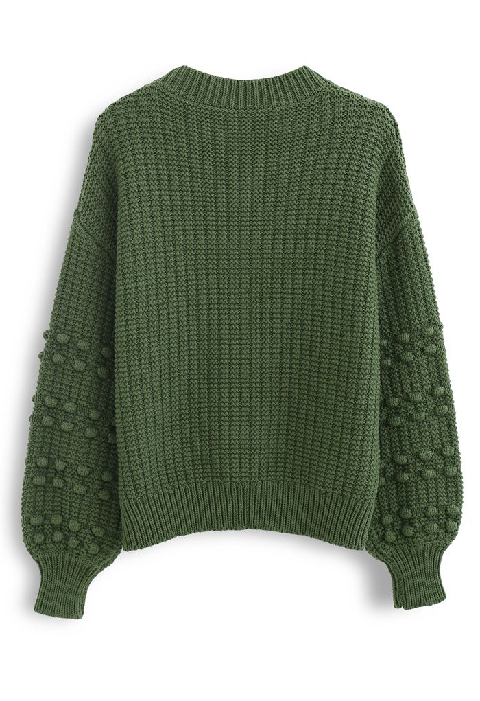 Bubble-Sleeve with Pom-Pom Detail Sweater in Green