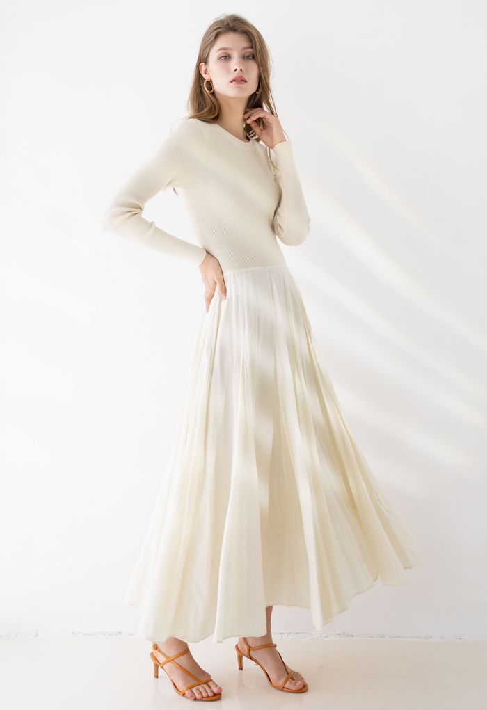 Knit Spliced Long Sleeves Maxi Dress in Cream