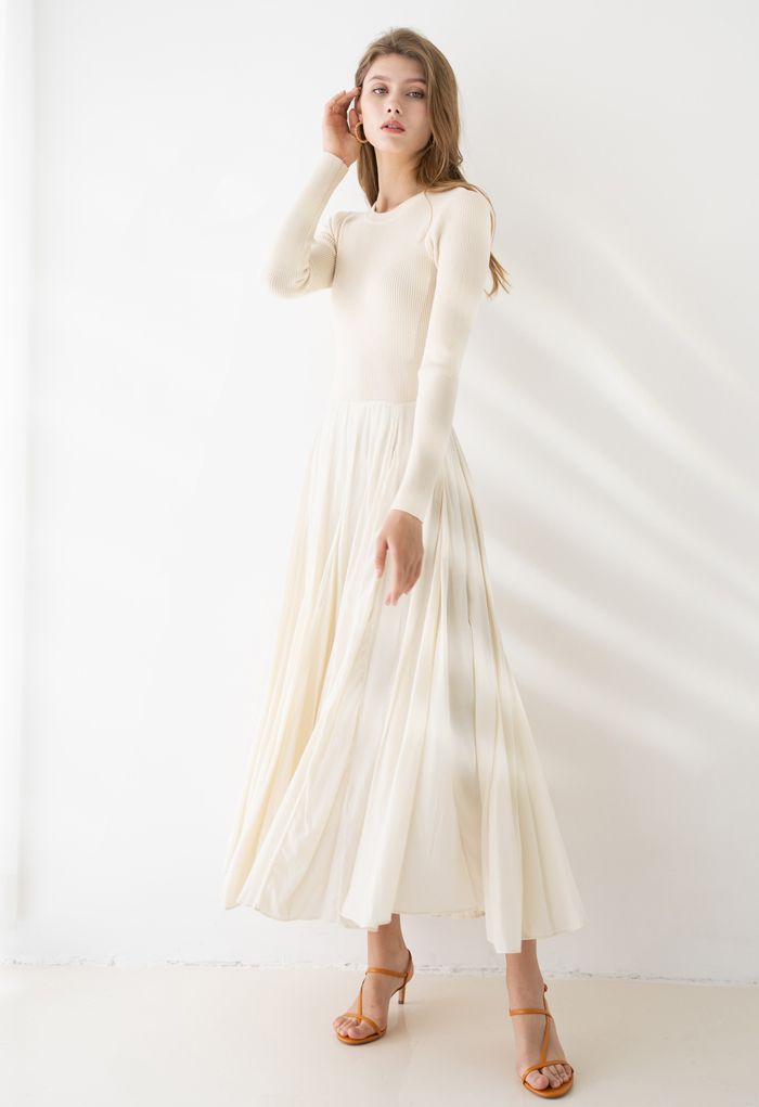 Knit Spliced Long Sleeves Maxi Dress in Cream