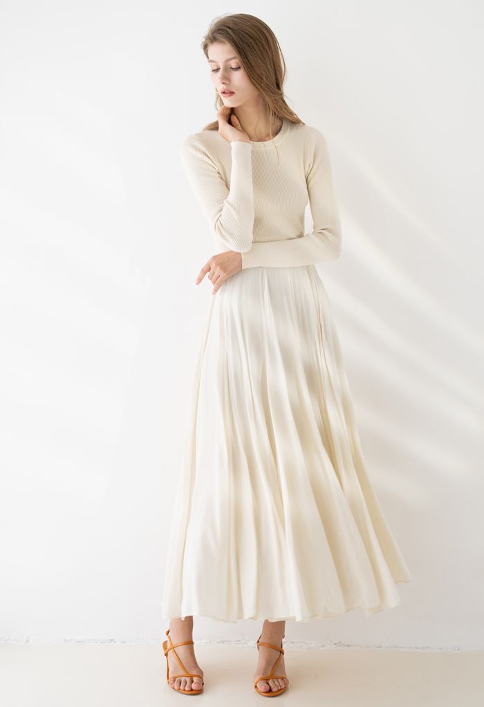 Knit Spliced Long Sleeves Maxi Dress in Cream