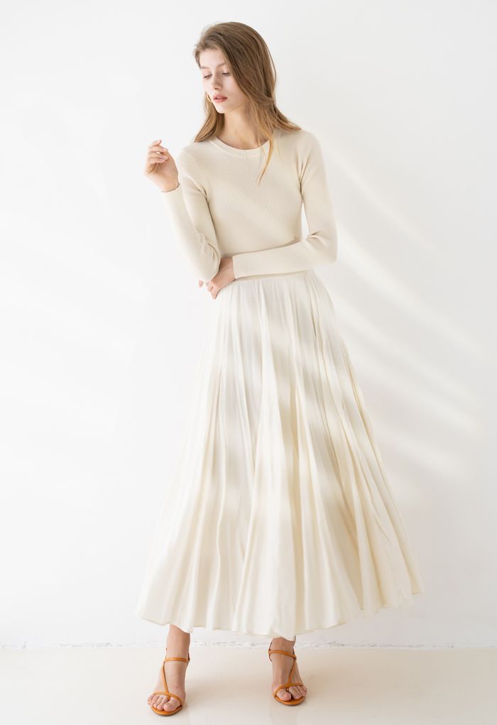 Knit Spliced Long Sleeves Maxi Dress in Cream