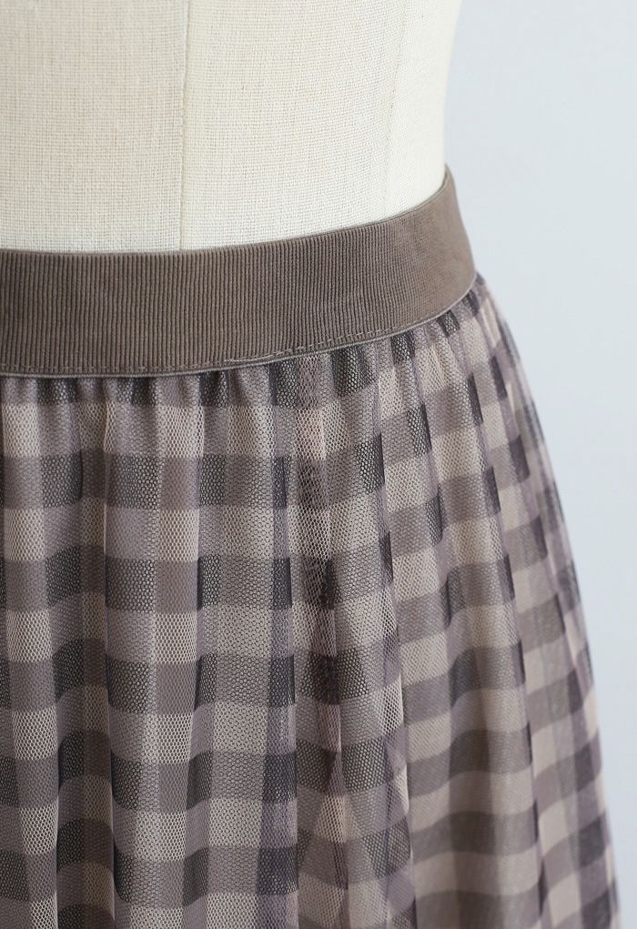 Gingham Double-Layered Mesh Tulle Midi Skirt in Brown