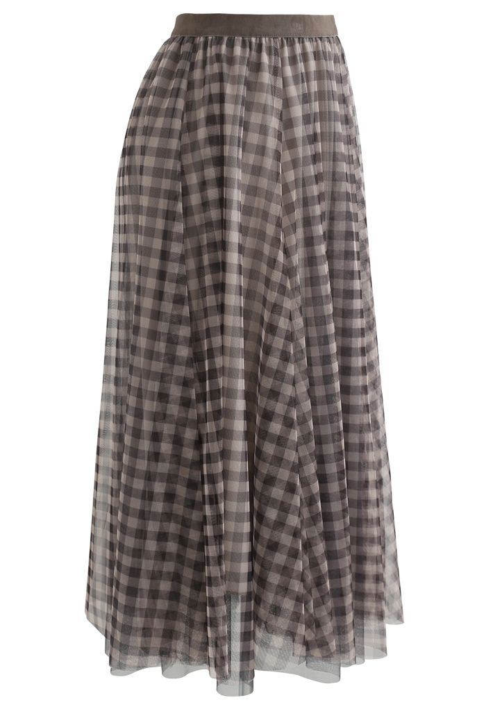 Gingham Double-Layered Mesh Tulle Midi Skirt in Brown