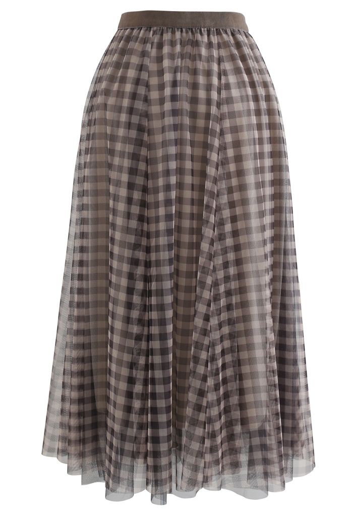 Gingham Double-Layered Mesh Tulle Midi Skirt in Brown