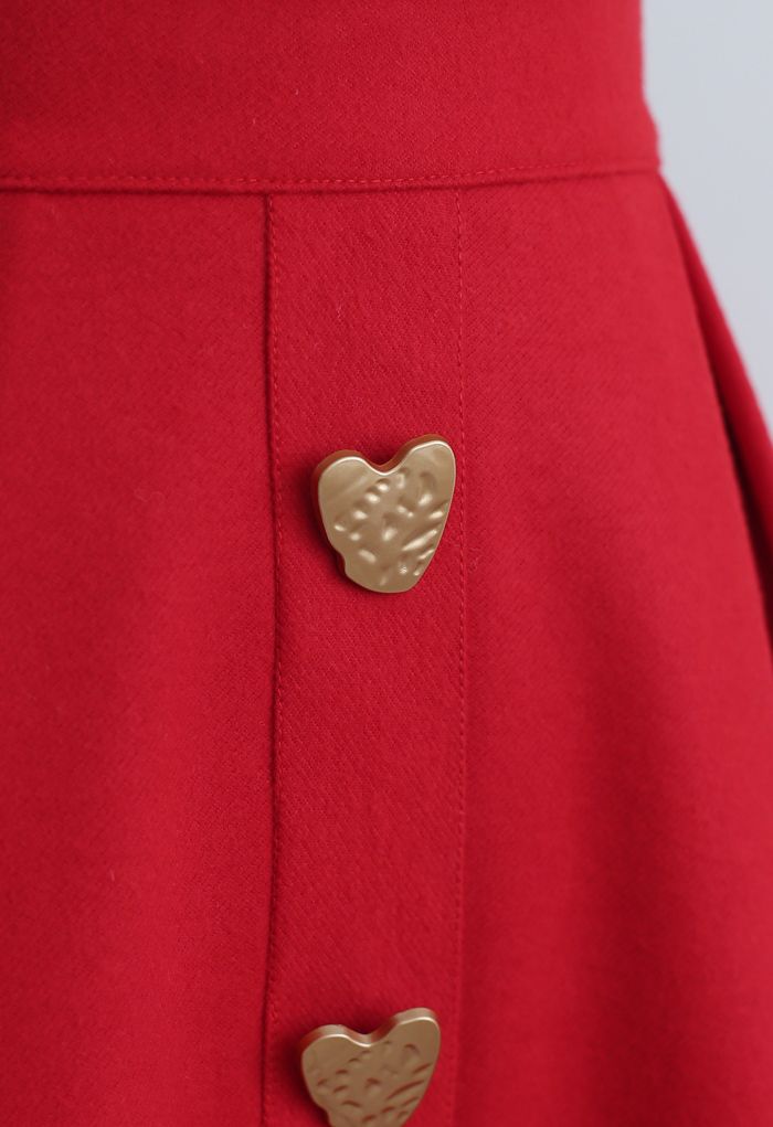 Heart Shape Button Embellished A-Line Midi Skirt in Red