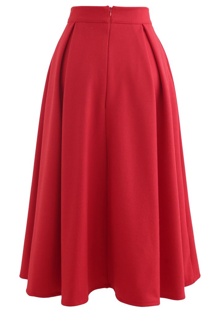 Heart Shape Button Embellished A-Line Midi Skirt in Red