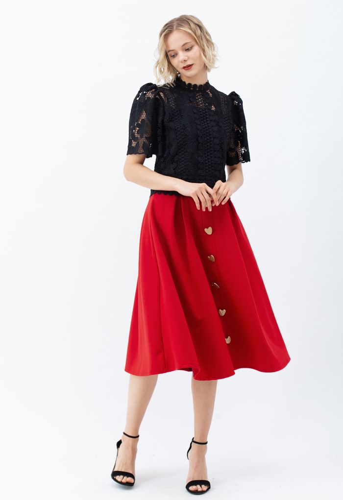 Heart Shape Button Embellished A-Line Midi Skirt in Red