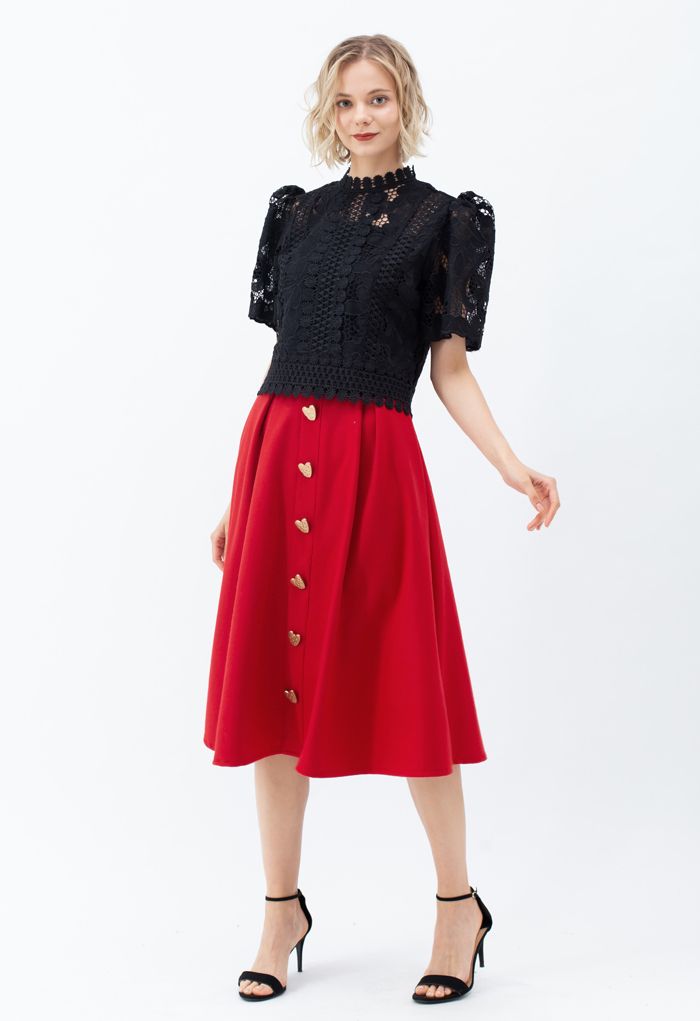 Heart Shape Button Embellished A-Line Midi Skirt in Red