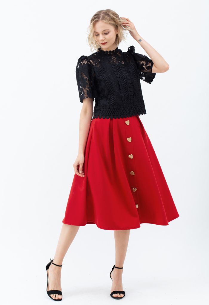 Heart Shape Button Embellished A-Line Midi Skirt in Red