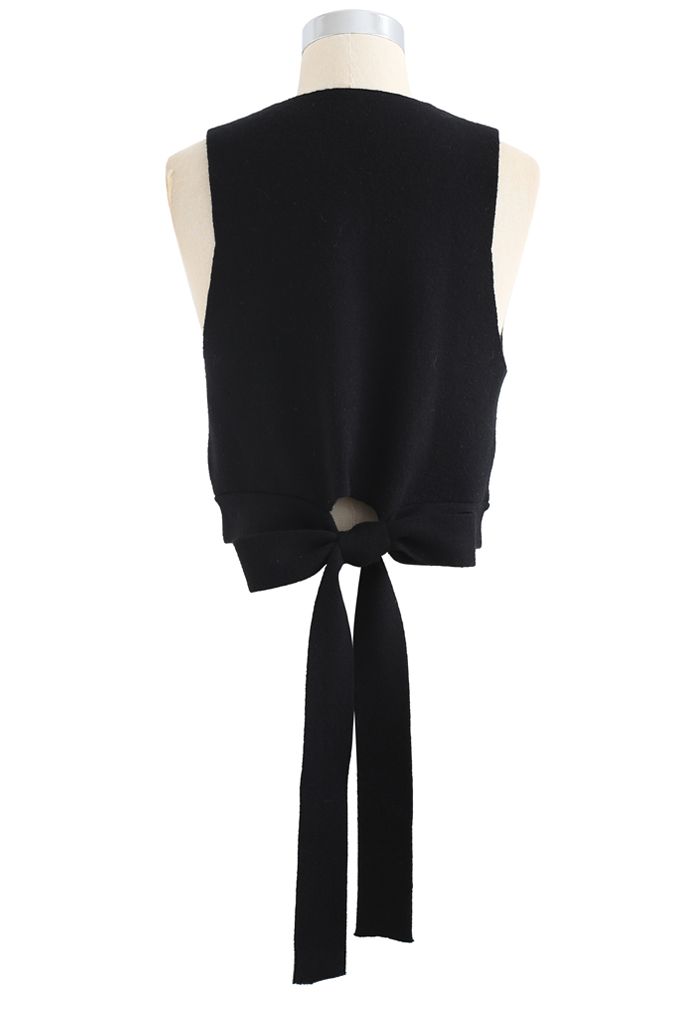 Bowknot Back V-Neck Crop Knit Vest in Black