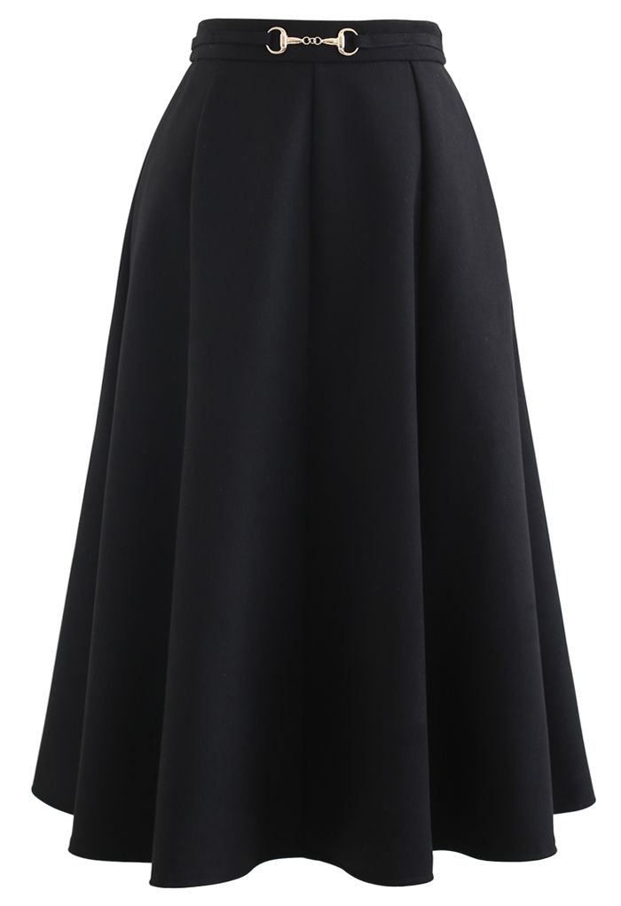 Horsebit Waist Seam Detail Flare Skirt in Black