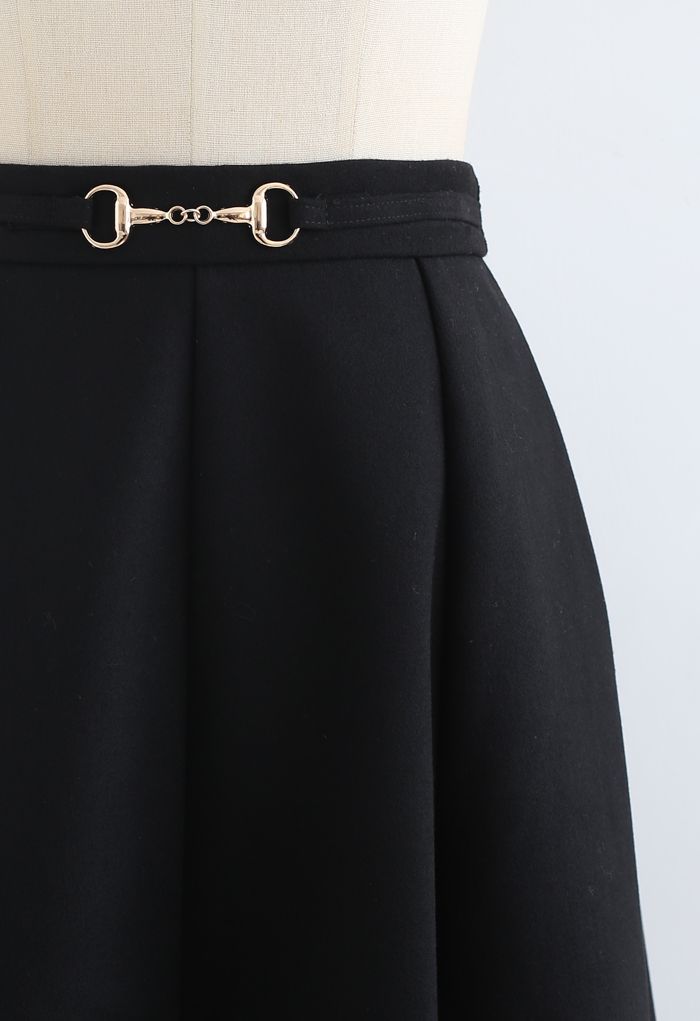 Horsebit Waist Seam Detail Flare Skirt in Black