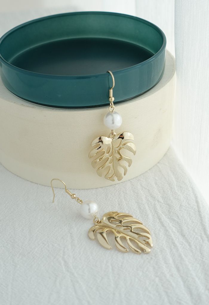 Tropical Leaf and Pearl Drop Earrings