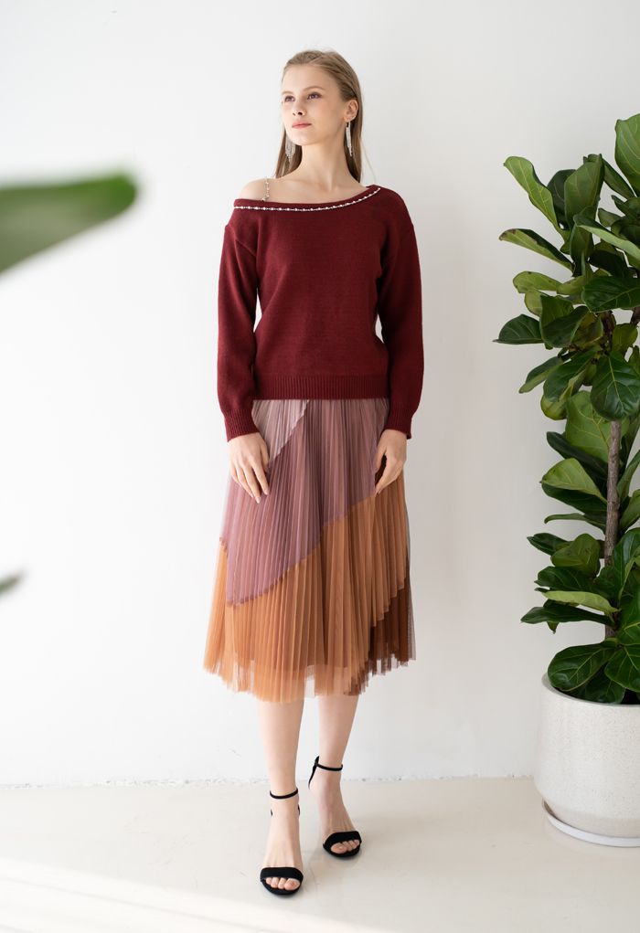 Multi Color Double-Layered Pleated Tulle Midi Skirt in Berry