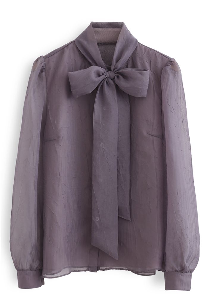 Sheer Bowknot Button Down Shirt in Purple