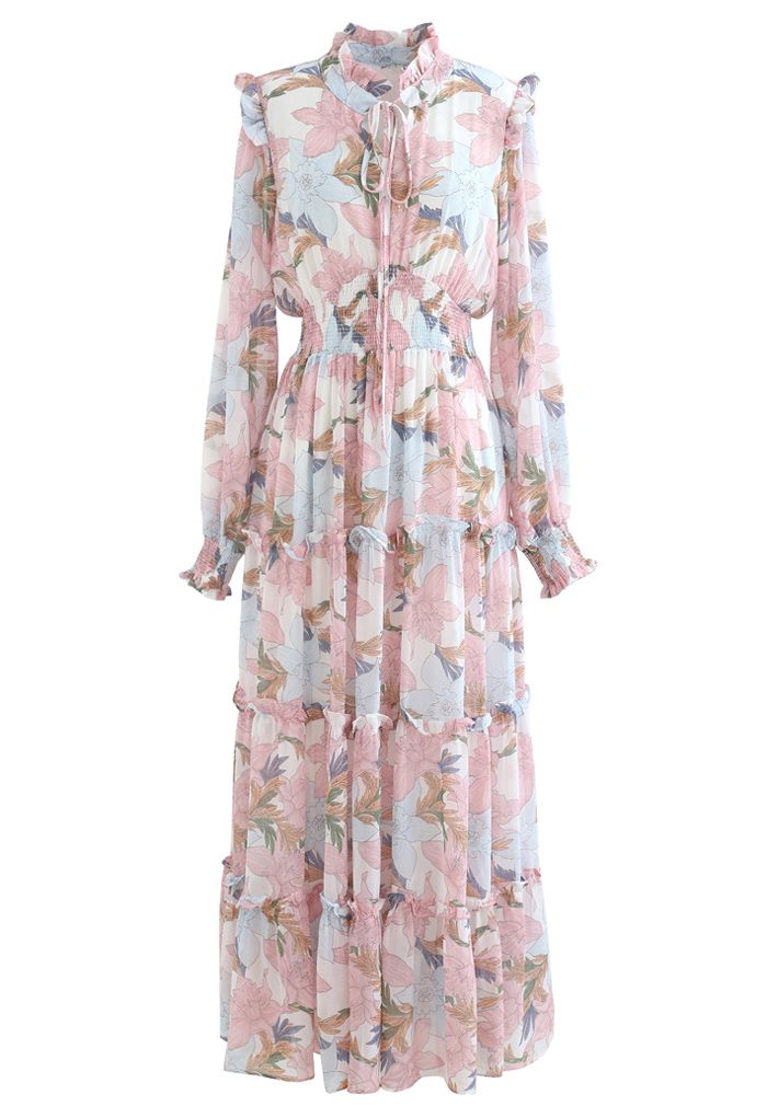 Pink Lily Blossom Chiffon Maxi Dress