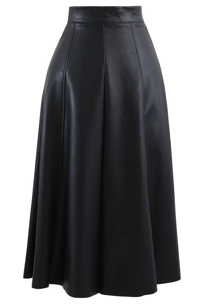 Soft Faux Leather Seamed A-Line Skirt in Black