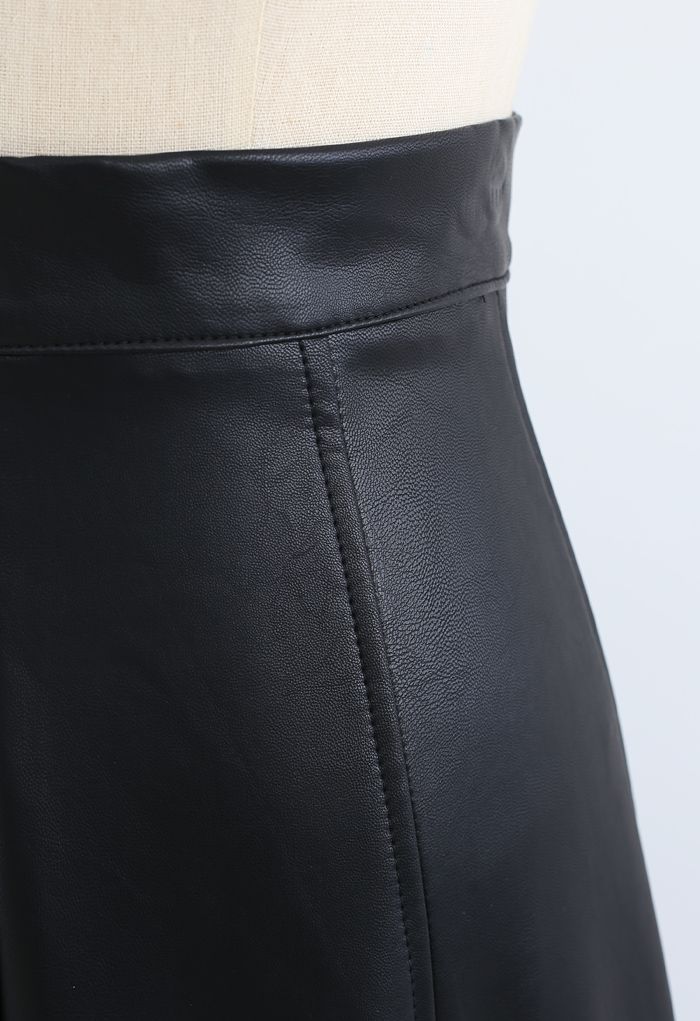 Soft Faux Leather Seamed A-Line Skirt in Black