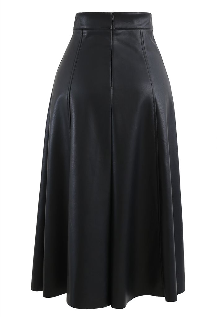 Soft Faux Leather Seamed A-Line Skirt in Black