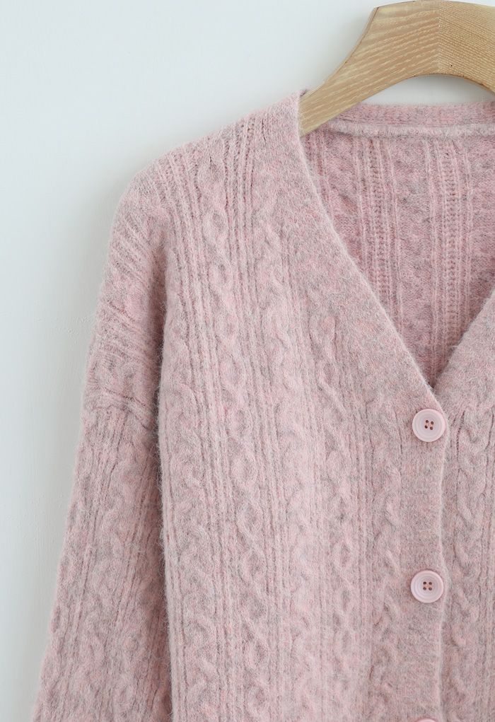 Braid Buttoned Fuzzy Knit Cardigan in Pink