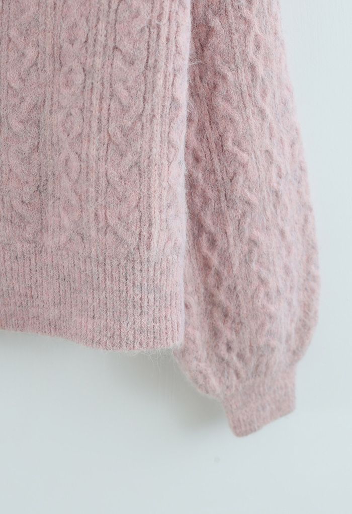 Braid Buttoned Fuzzy Knit Cardigan in Pink