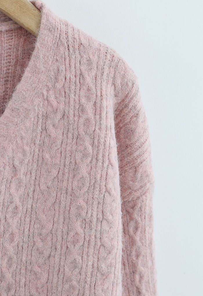 Braid Buttoned Fuzzy Knit Cardigan in Pink