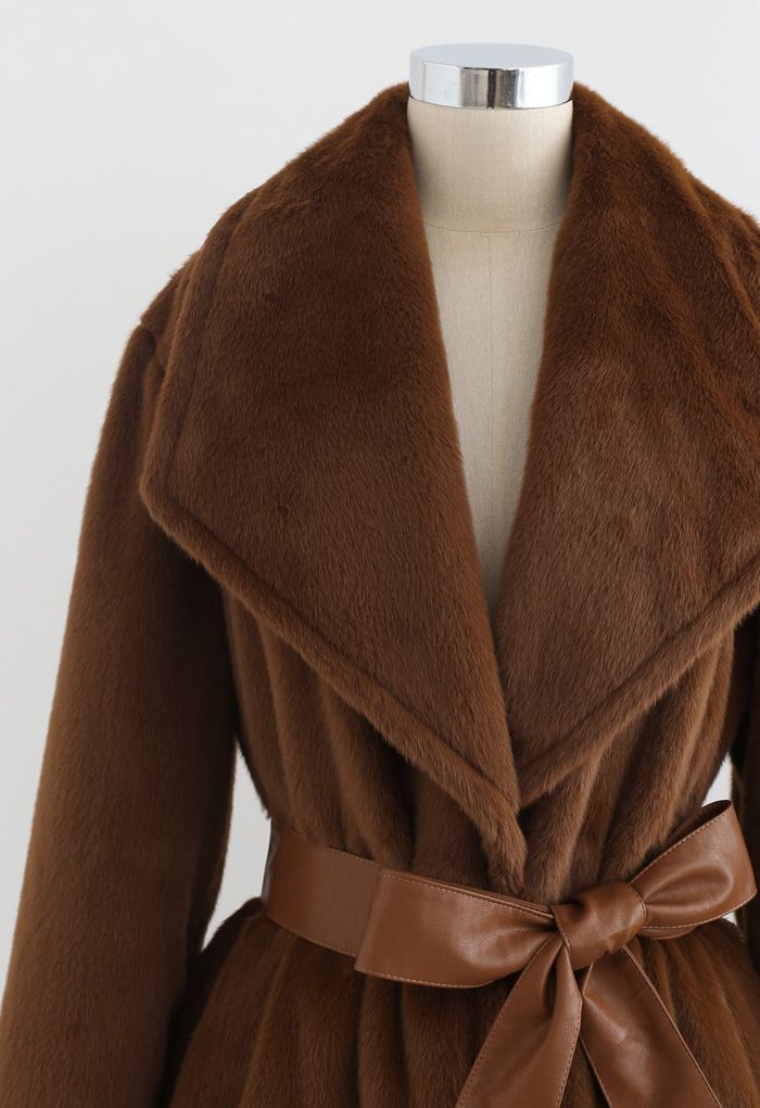 Faux Fur PU Leather Belted Coat in Brown