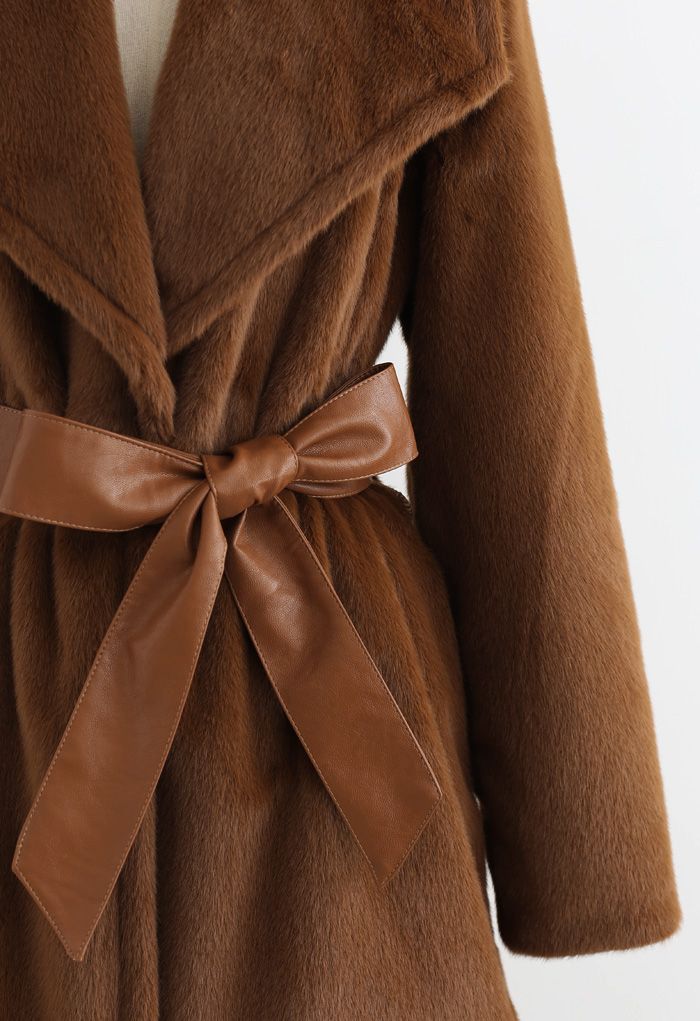 Faux Fur PU Leather Belted Coat in Brown