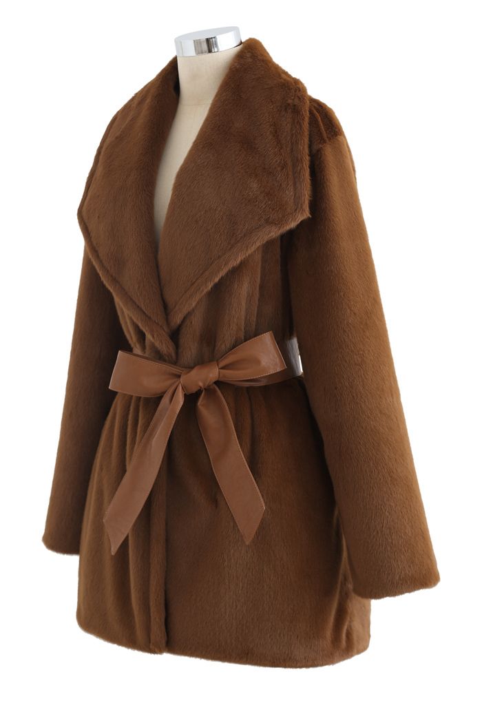 Faux Fur PU Leather Belted Coat in Brown