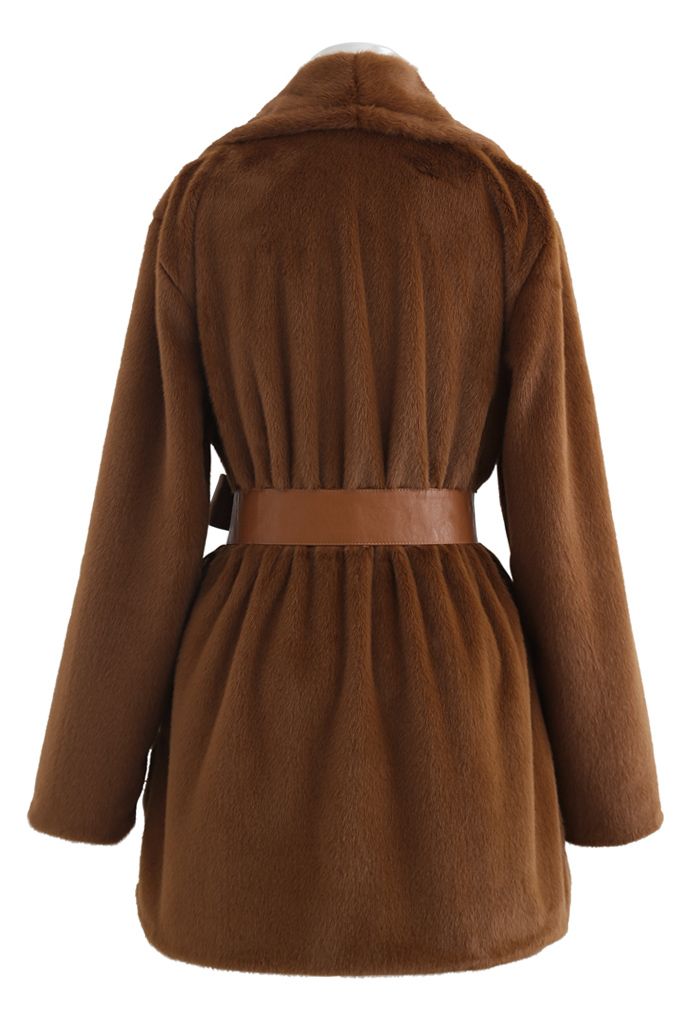 Faux Fur PU Leather Belted Coat in Brown